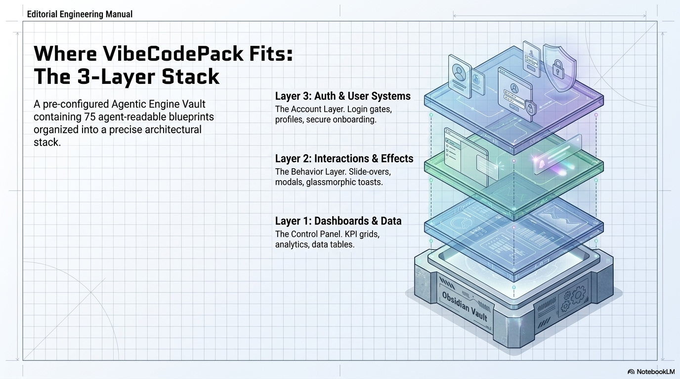 Where VibeCodePack fits: three-layer stack of dashboards and data, interactions and effects, auth and user systems