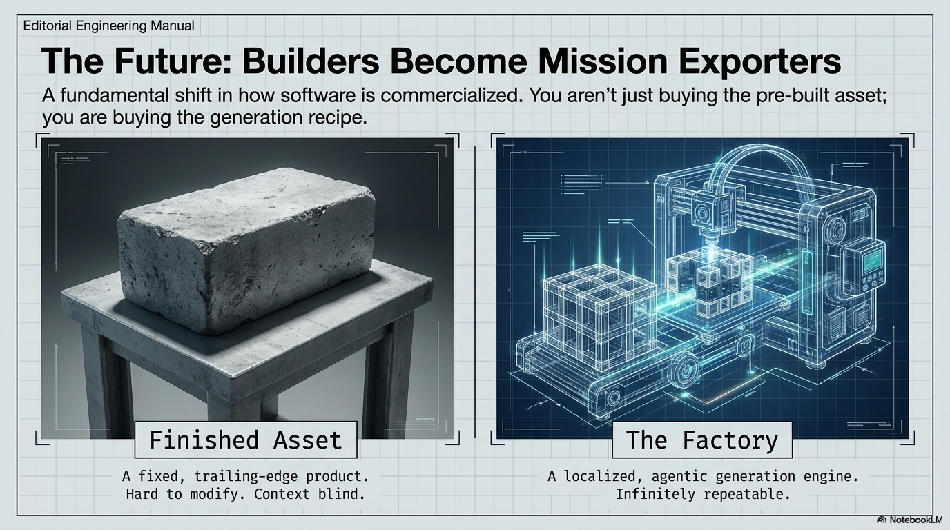 The future: builders become mission exporters, selling the generation recipe not the finished asset