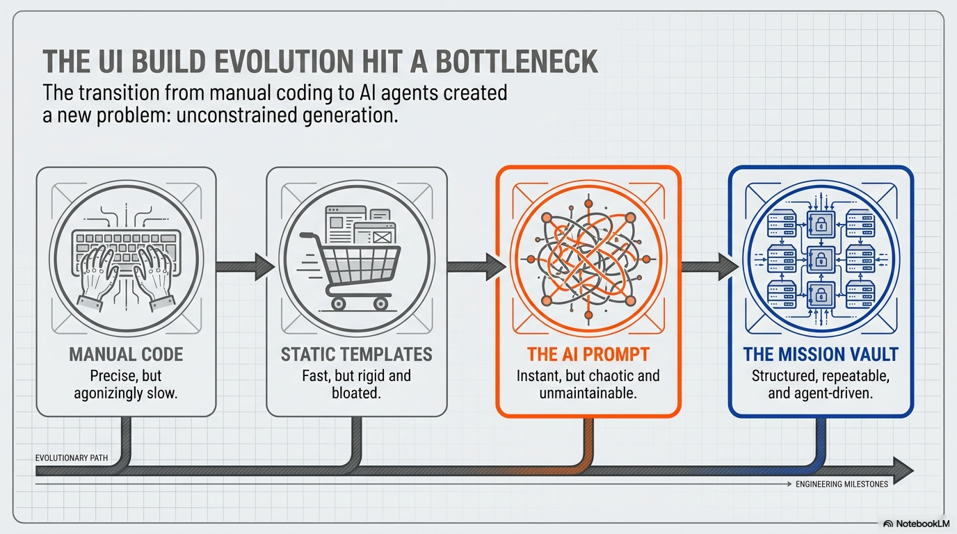The UI build evolution bottleneck: manual code to static templates to AI prompts to mission vaults