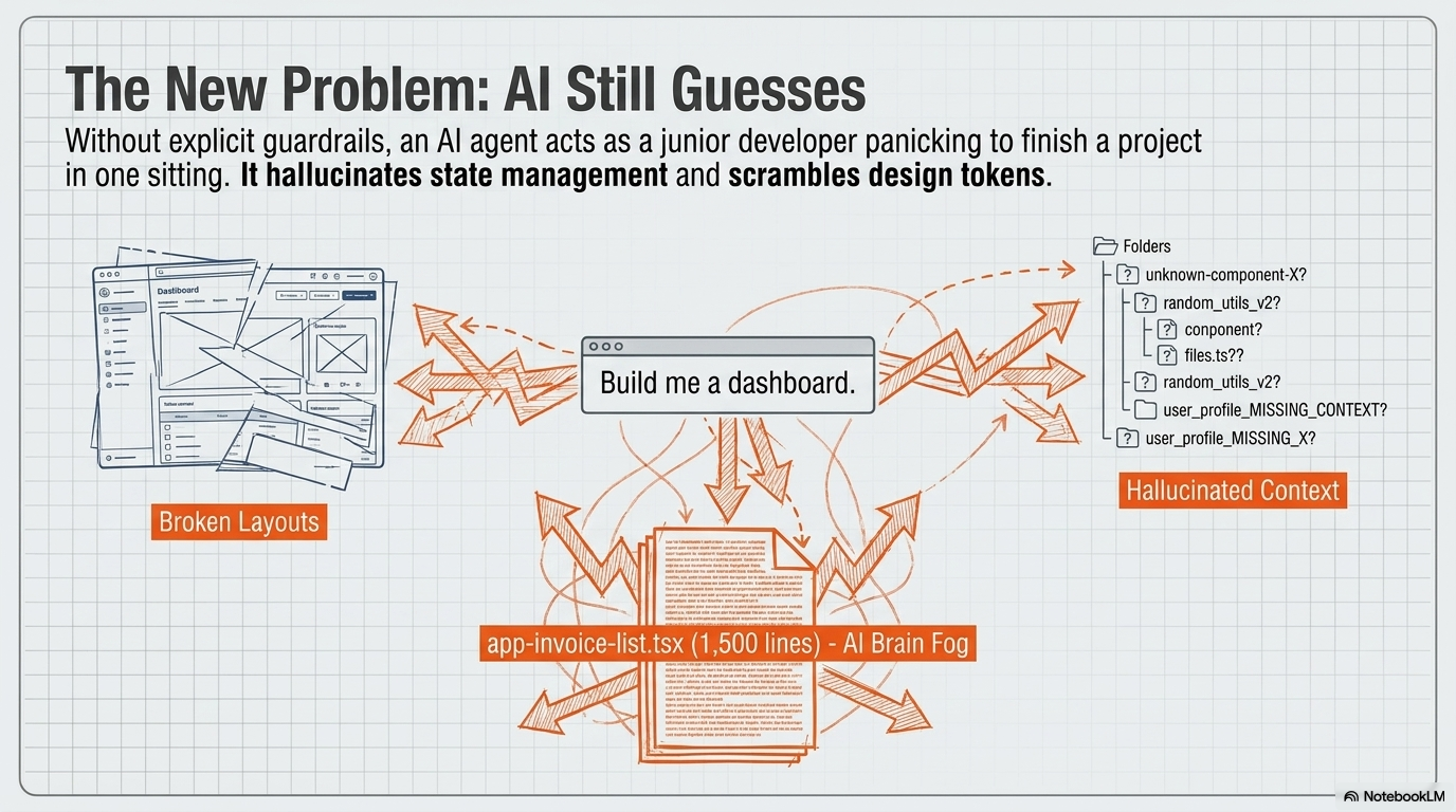 The new problem: AI still guesses without guardrails, producing broken layouts and hallucinated project structure
