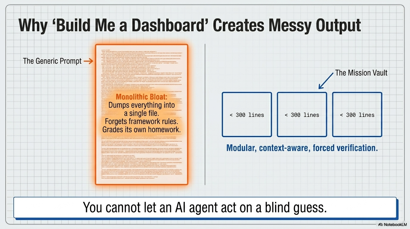 Why 'build me a dashboard' creates messy monolithic output vs modular mission vault output