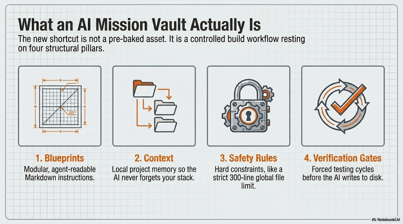 What an AI mission vault actually is: four pillars of blueprints, context, safety rules, and verification gates