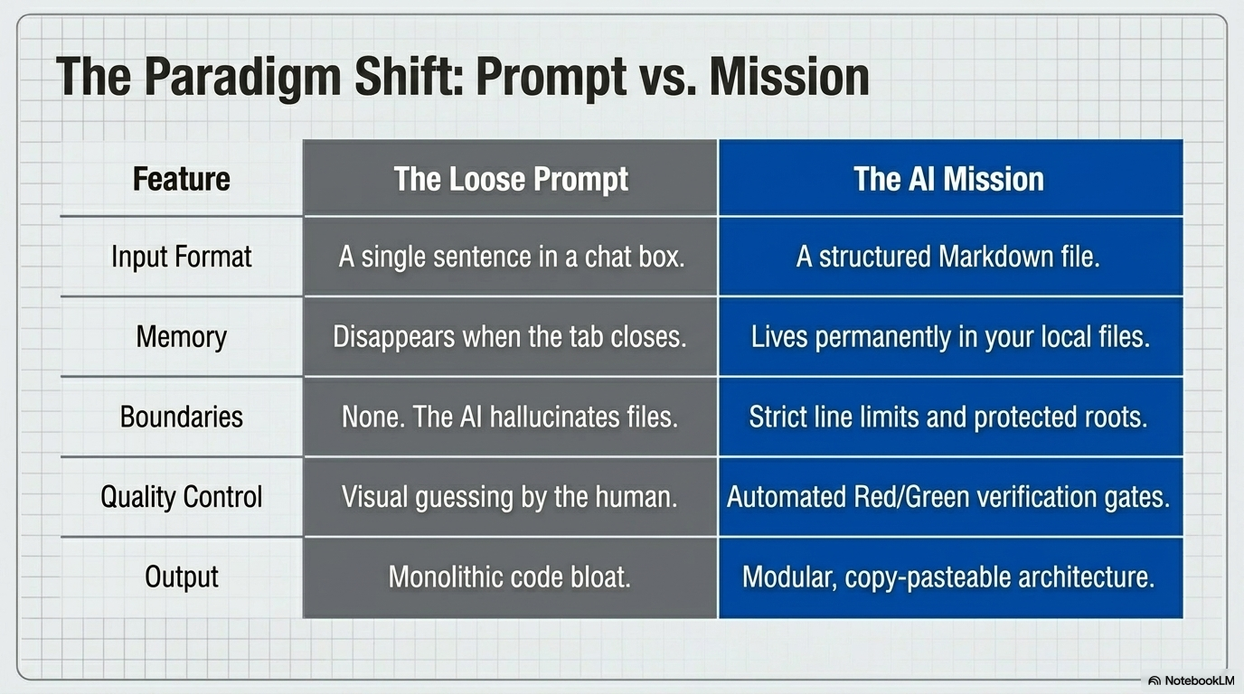 The paradigm shift: prompt vs mission comparison across input format, memory, boundaries, quality control, and output