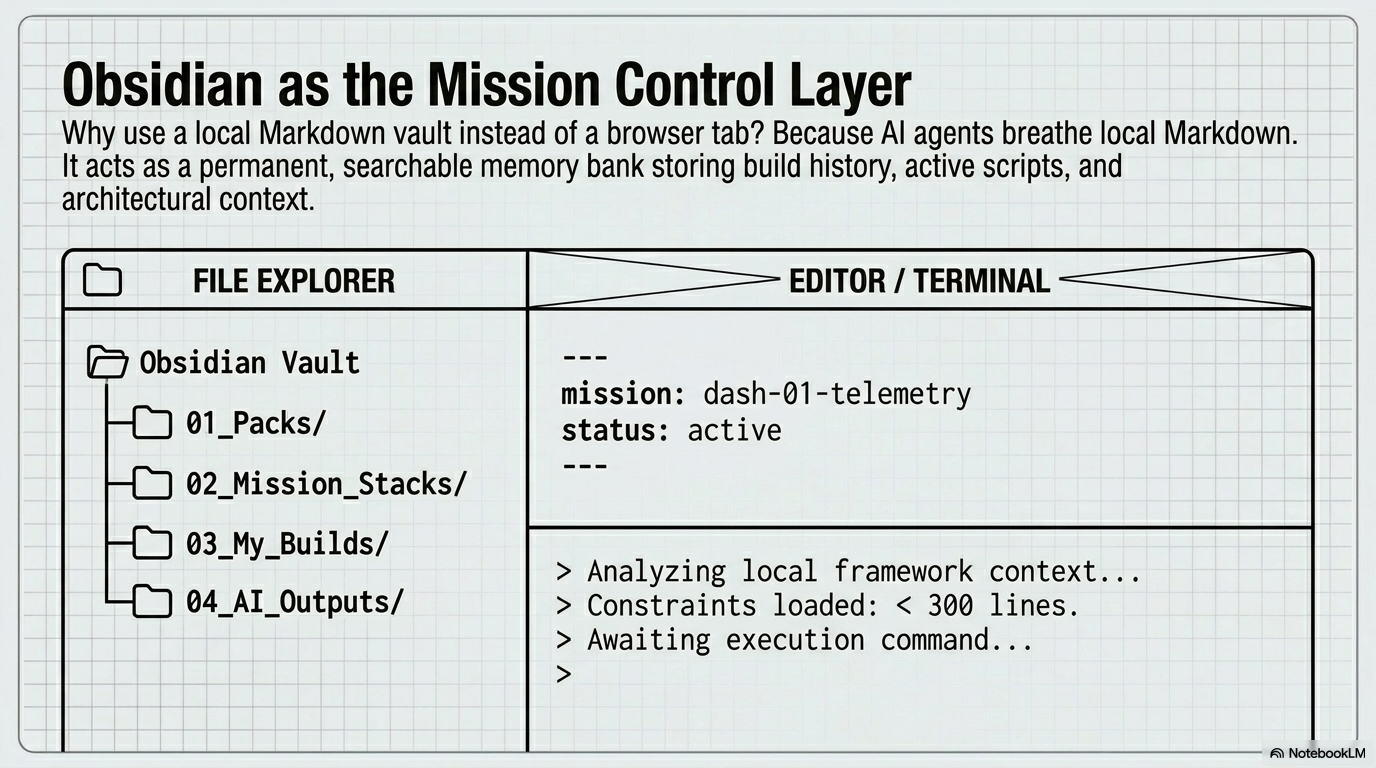 Obsidian as the mission control layer: local Markdown vault organizing blueprints, missions, safety rules, and AI outputs