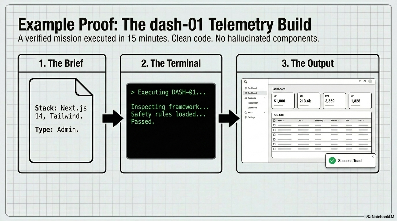 Example proof: the dash-01 telemetry build executed in 15 minutes with clean output and no hallucinated components